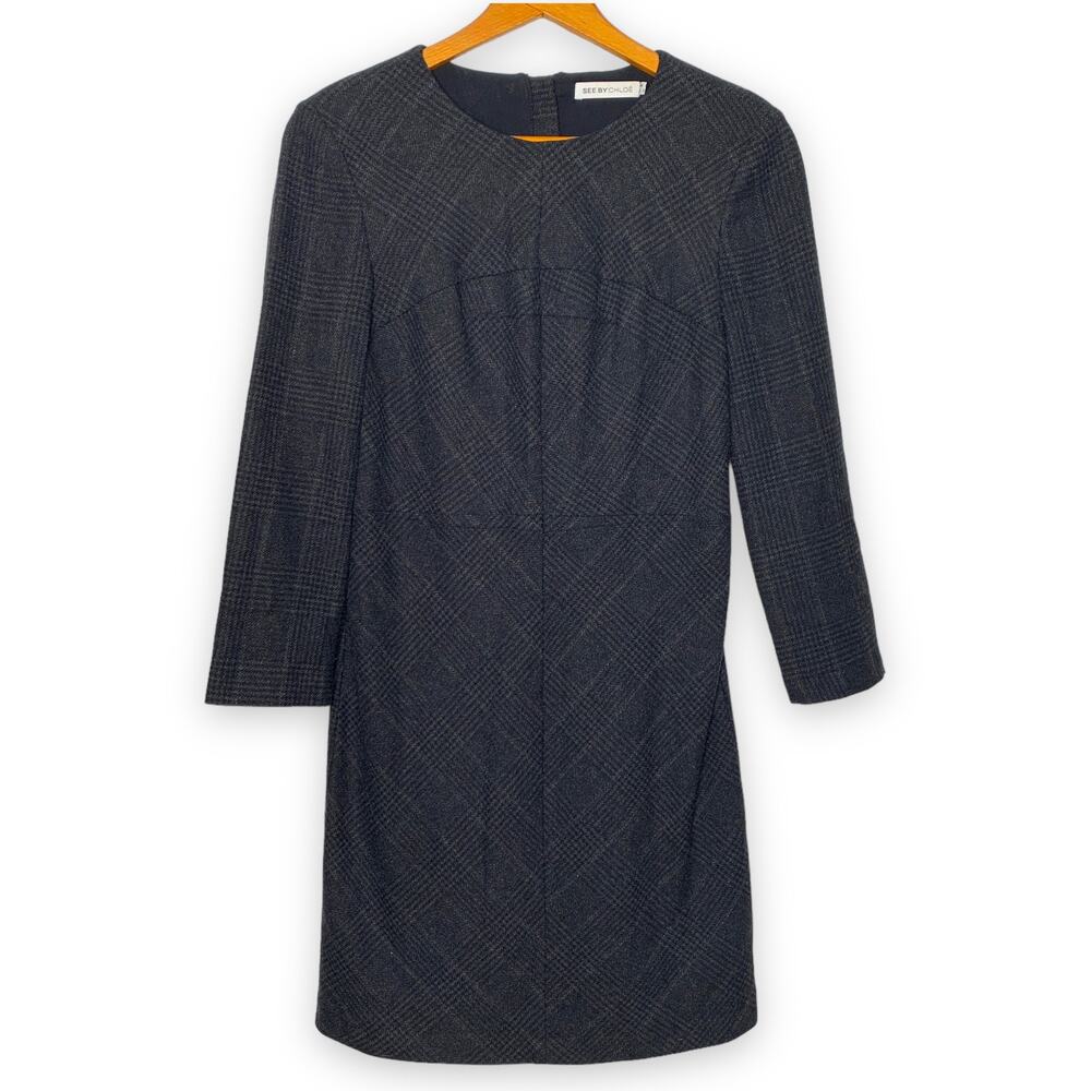 See by Chloe women's dark gray sawtooth plaid wool long sleeve sheath dress US 6